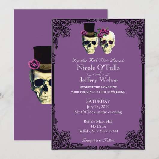 Paarse Gothic Sugar Skull Wedding Uitnodiging (Voorkant / Achterkant)