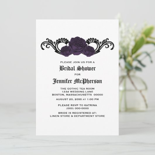 Paarse Gothic Swirl Rozen Vrijgezellenfeest Invite Kaart (Staand voorkant)