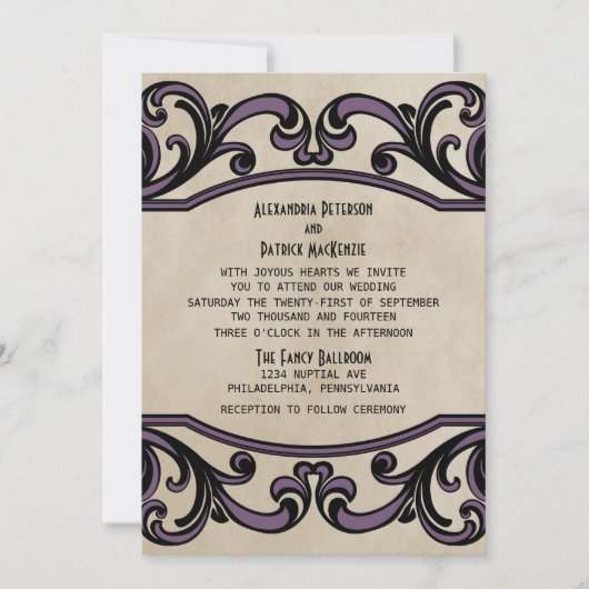 Paarse Gothic Swirls Wedding Invite Kaart (Voorkant)