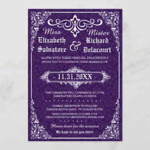 Paarse Gothic Victoriaans Damask Wedding Invites Kaart