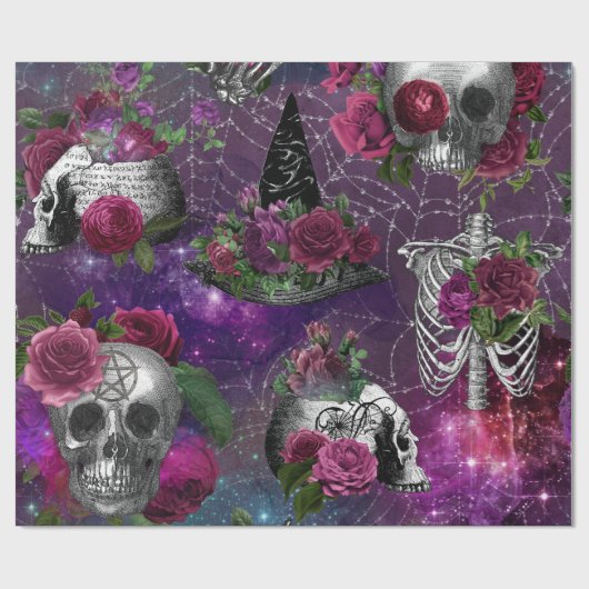 Paarse Gothic Witch Skull en Rozen Verpakkingspapi Cadeaupapier (Vlak)