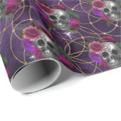 Paarse Gothische schedel en Rozen Verpakkingspapie Cadeaupapier (Rol Hoek)
