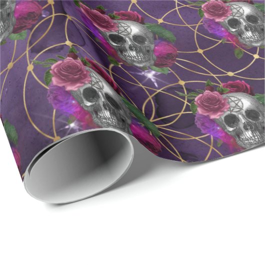 Paarse Gothische schedel en Rozen Verpakkingspapie Cadeaupapier (Rol Hoek)
