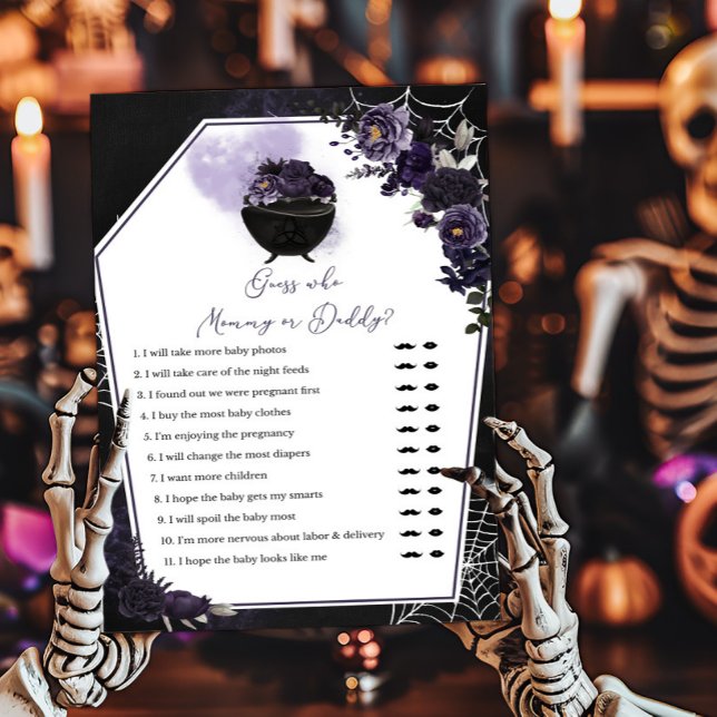 Paarse Gotische Bloemen Raad wie mama of papa Spel (Floral Gothic Invitation Guess who Mommy or Daddy Game)