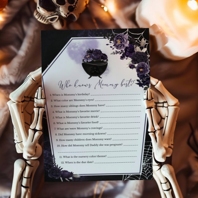 Paarse Gotische Bloemen Wie kent Mama Beste Spel (Floral Gothic Baby Shower Invitation Who knows Mommy Best Game)