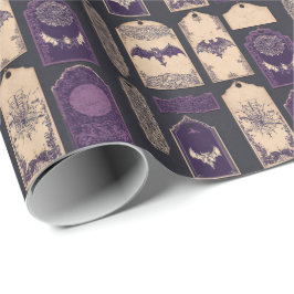 Paarse gotische Halloween-labels en vleermuizen vi Cadeaupapier