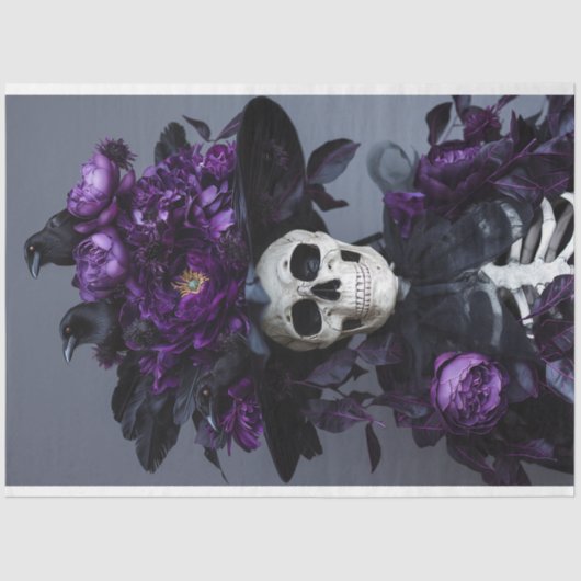Paarse Gotische Raven Skelet Schedel Decoupage Tissuepapier (Voorkant)