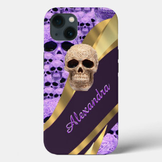 Paarse gotische schedel gepersonaliseerd iPhone 13 hoesje