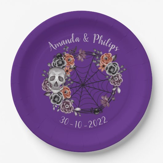 Paarse Gotische schedel Rozen krans Halloween brui Papieren Bordje (Voorkant)
