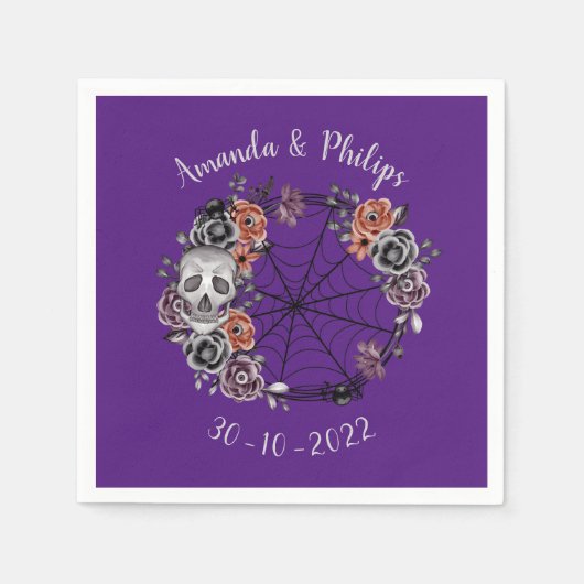 Paarse Gotische schedel Rozen krans Halloween brui Servet (Voorkant)