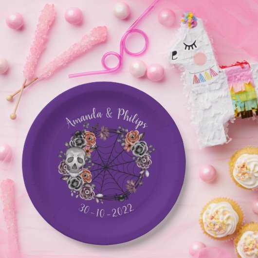 Paarse gotische schedelrozenkrans Halloween-bruilo Papieren Bordje (Feest)