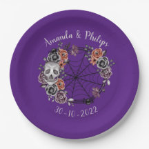 Paarse gotische schedelrozenkrans Halloween-bruilo