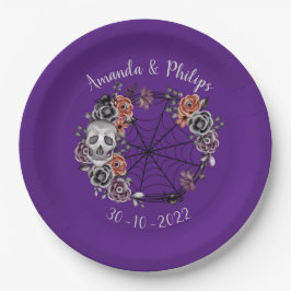 Paarse gotische schedelrozenkrans Halloween-bruilo Papieren Bordje