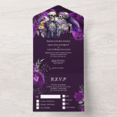 Paarse gotische skelet bloemenschedel dood deel all in one uitnodiging (Binnen)