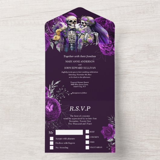 Paarse gotische skelet bloemenschedel dood deel all in one uitnodiging (Binnen)