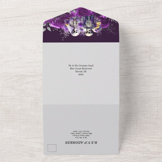 Paarse gotische skelet bloemenschedel dood deel all in one uitnodiging (Buitenkant)