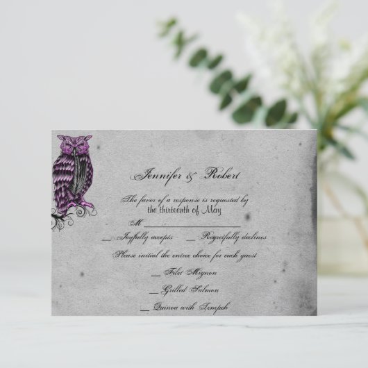 Paarse Gotische Uil Posh Bruiloft Reactie Kaart (Staand voorkant)