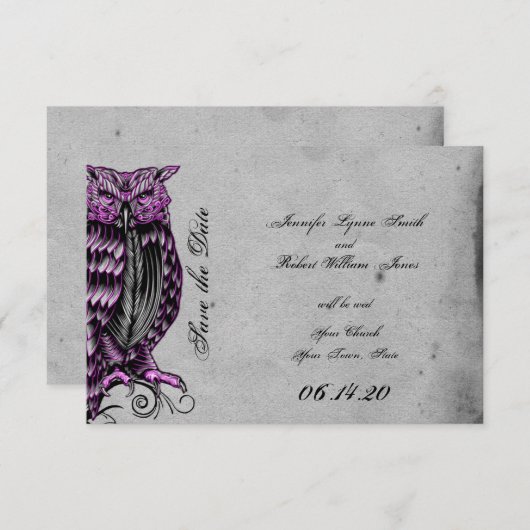 Paarse Gotische Uil Posh Bruiloft Save the Date (Voorkant / Achterkant)