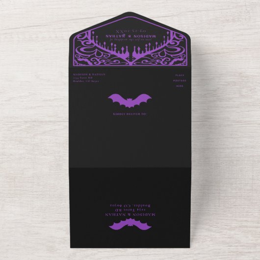 Paarse Gotische Vampier Kathedraal Bruiloft All In One Uitnodiging (Buitenkant)