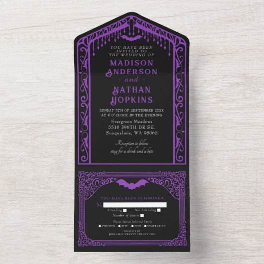 Paarse Gotische Vampier Kathedraal Bruiloft All In One Uitnodiging (Binnen)