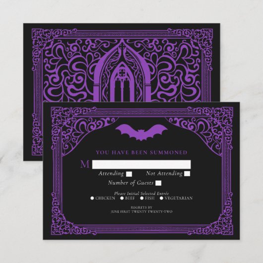 Paarse Gotische Vampier Kathedraal bruiloft RSVP Informatiekaartje (Voorkant / Achterkant)