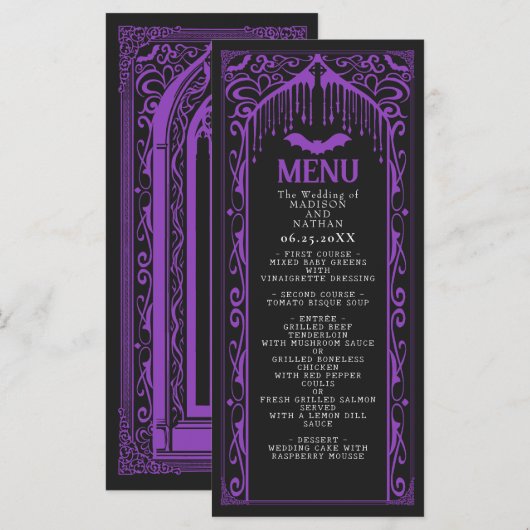 Paarse Gotische Vampier Kathedraal Wedding Menu (Voorkant / Achterkant)