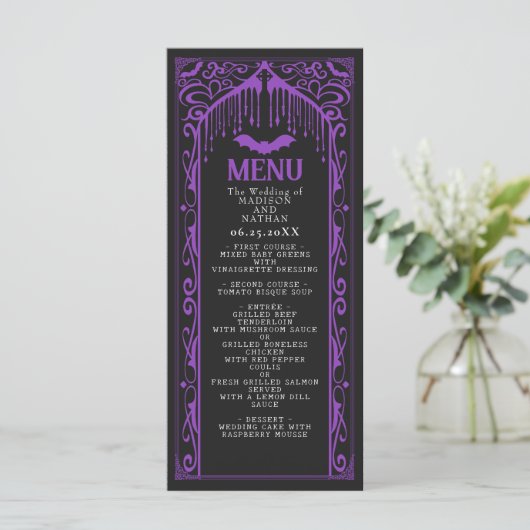 Paarse Gotische Vampier Kathedraal Wedding Menu (Staand voorkant)