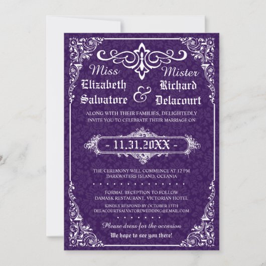 Paarse Gotische Victoriaans Damask Wedding Invites Kaart (Voorkant)