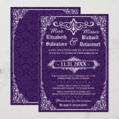 Paarse Gotische Victoriaans Damask Wedding Invites Kaart (Voorkant / Achterkant)