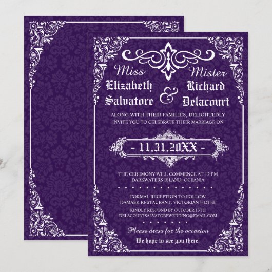 Paarse Gotische Victoriaans Damask Wedding Invites Kaart (Voorkant / Achterkant)