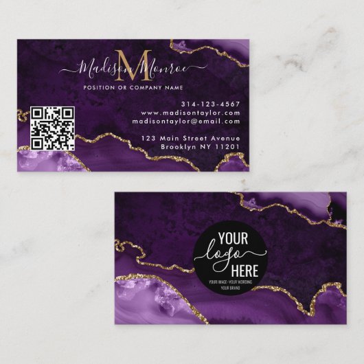 Paarse Goud Aangepaste Logo QR Code Agaat Monogram Visitekaartje (Voorkant / Achterkant)