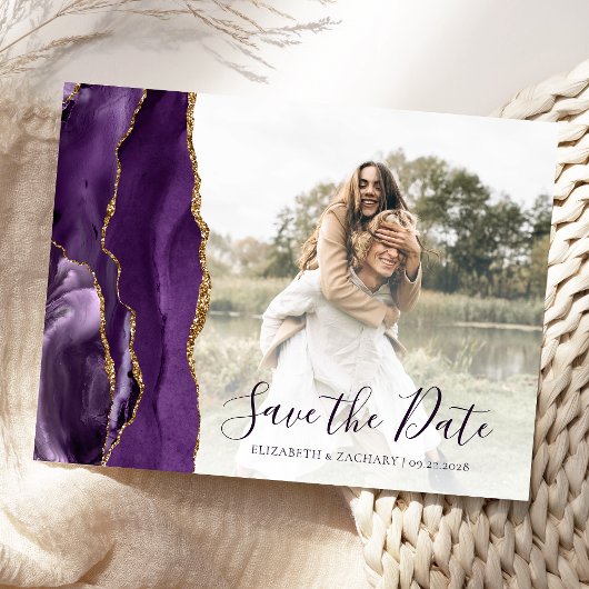 Paarse Goud Agaat Aangepaste Foto Bewaar de Datum Briefkaart
