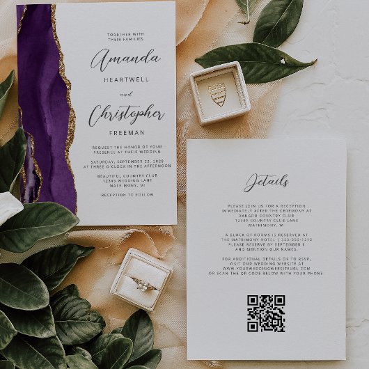 Paarse Goud Agaat QR Code Bruiloft Kaart