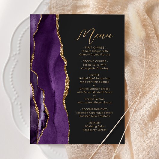 Paarse Goud Agate Moderne Script Donkere Bruiloft Menu
