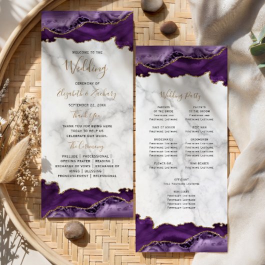 Paarse Goud Agate Whimsical Script Marmeren Bruilo Programmakaart