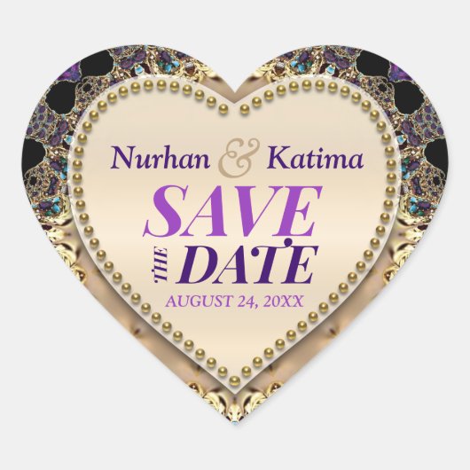 Paarse Goud Brokaat Save the Date Sticker (Voorkant)