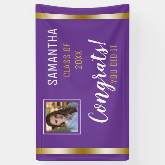 Paarse Goud Congrats Afstuderen Foto Afstuderen Spandoek (Verticaal)