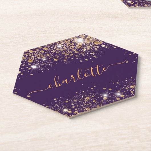 Paarse goud glinsterende naam script kartonnen onderzetters (Schuin)
