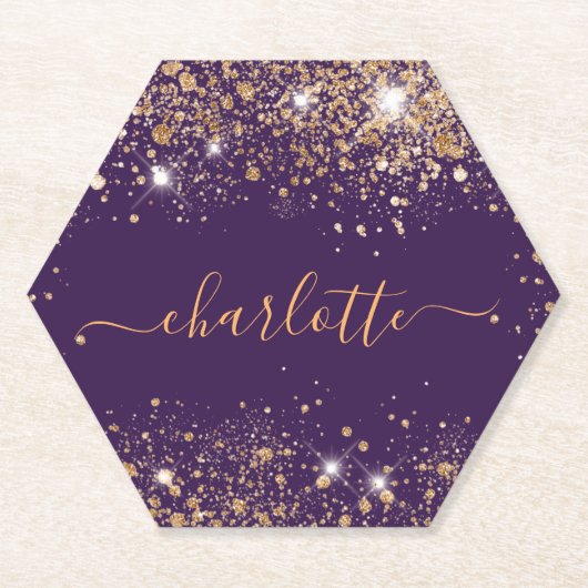 Paarse goud glinsterende naam script kartonnen onderzetters (Voorkant)
