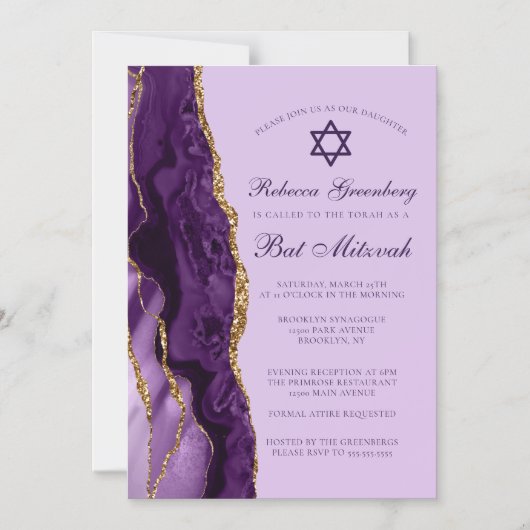 Paarse Goud Glitter Bat Mitzvah Feest Magnetische Uitnodiging (Voorkant)