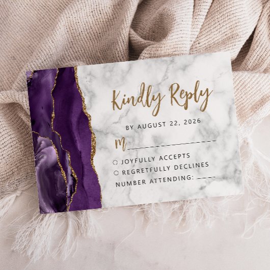 Paarse Goud Marmer Agaat Script RSVP Kaartje