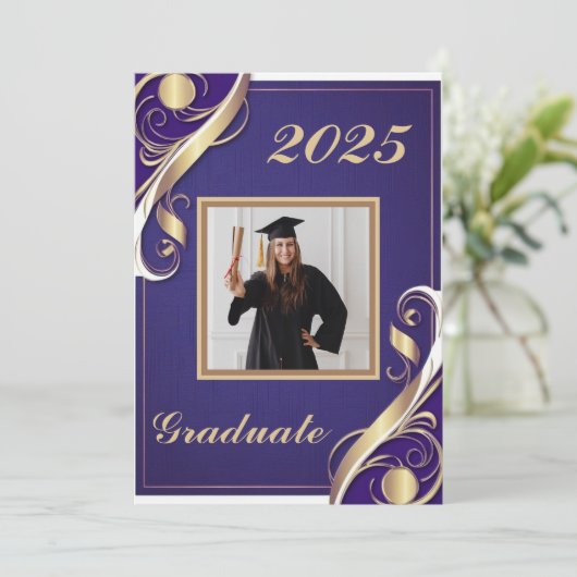 Paarse Goud Wit Afstuderen 2025 Kaart (Staand voorkant)