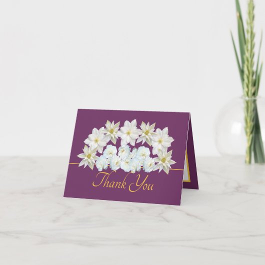 Paarse Goud  Wit Bloemen Boeket Dank u Kaart (Voorkant)