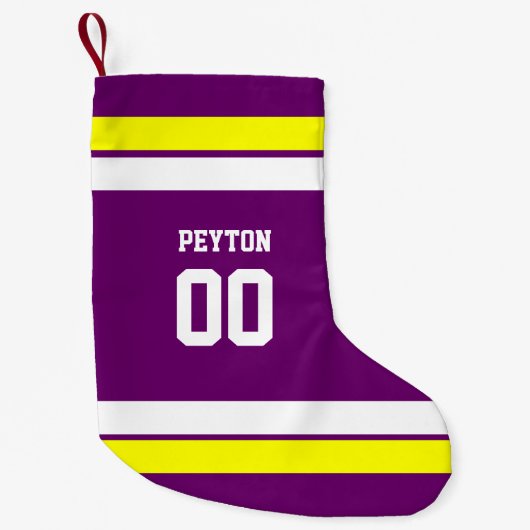 Paarse, Goud & Wit Football Team Gepersonaliseerd Kleine Kerstsok (Voorkant)