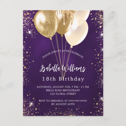 Paarse goudballonnen op uitnodiging van Birthday G (Voorkant)