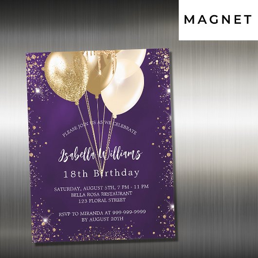 Paarse goudballonnen van Birthday luxe Magnetische Uitnodiging