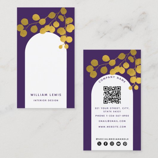 Paarse goudbladeren Moderne Arch QR-code Visitekaartje (Voorkant / Achterkant)