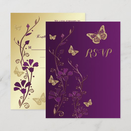 Paarse, goudbloem met Butterflies Reply Card Kaart (Voorkant / Achterkant)
