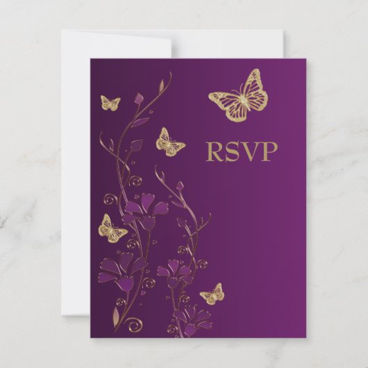 Paarse, goudbloem met Butterflies Reply Card RSVP Kaartje (Voorkant)