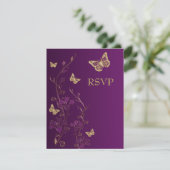 Paarse, goudbloem met Butterflies Reply Card RSVP Kaartje (Staand voorkant)